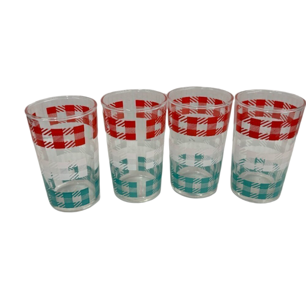 Set of 4 mid century juice glasses with red, white and teal pattern VTG Kitchen